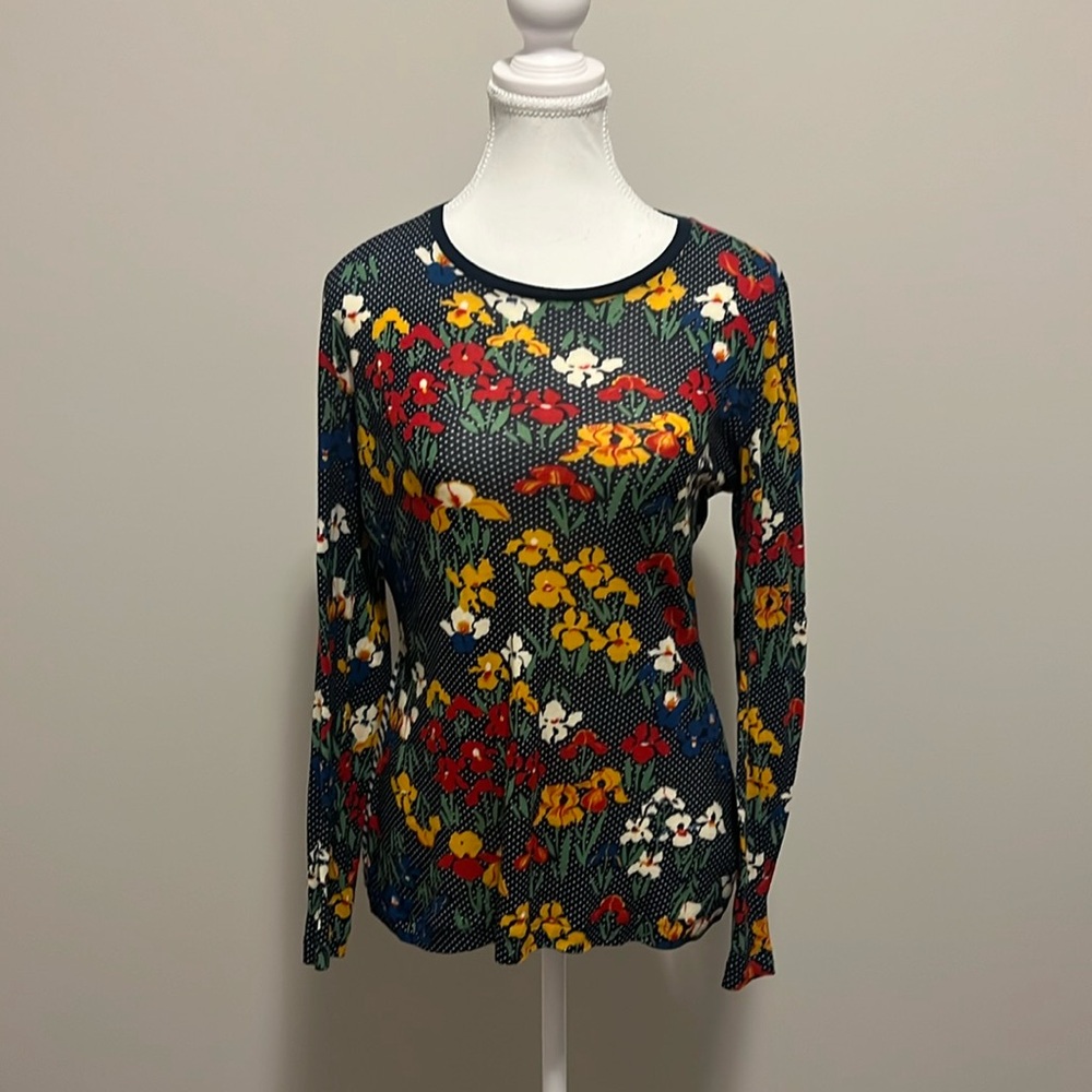 TORY BURCH Floral Strip Mix Print Long Sleeve T Shirt Top size Small